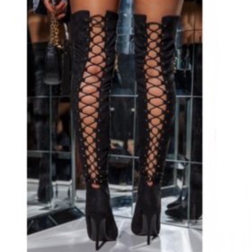 Stretchy Over the Knee Lace Up Boots in Black - Picture 12 of 16